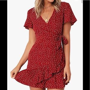 Red wrap polka dot dress.